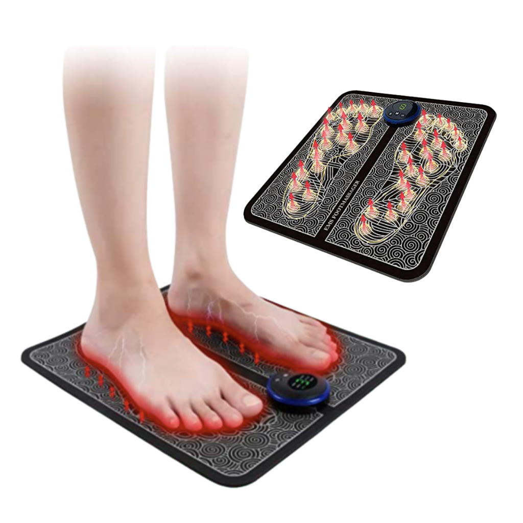 Tapete de massagem elétrica para pés Kzkr, com tecnologia EMS para melhorar circulação sanguínea e relaxamento dos pés.
