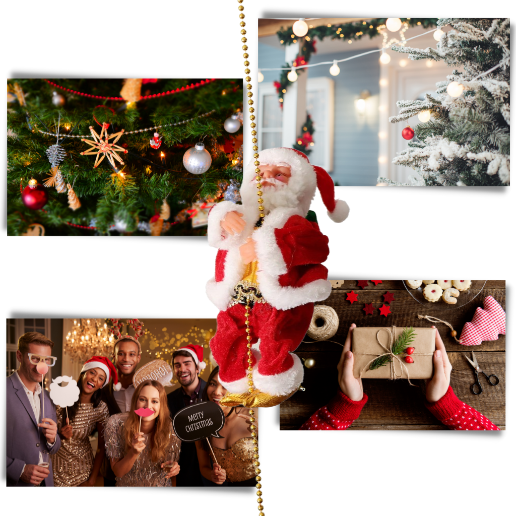 Decoração elétrica de Natal com Papai Noel escalando, marca Bagilaanoe, ideal para decoração de festas natalinas.