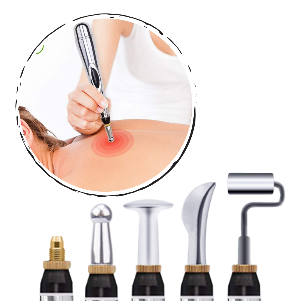 Caneta de acupuntura digital Netjett com diferentes cabeças de massagem para terapia de acupuntura eletrônica.