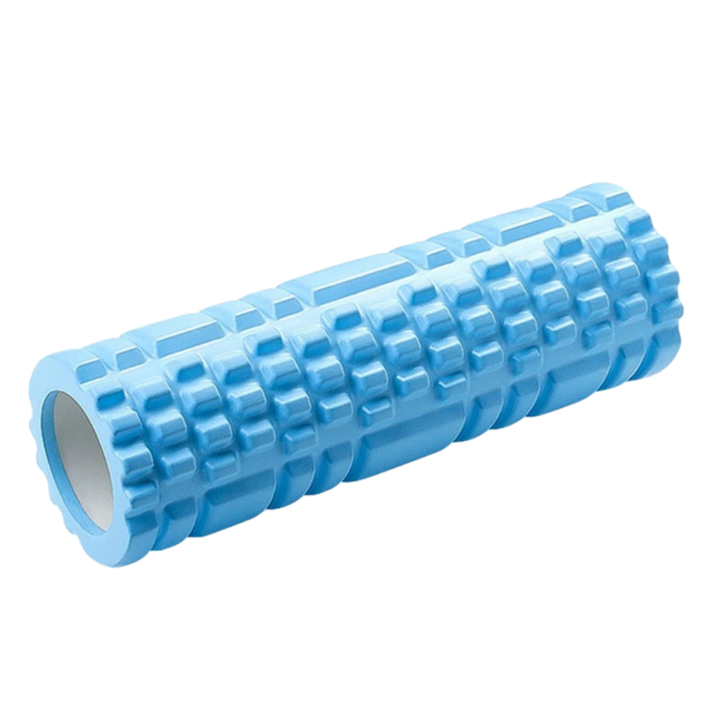 Rolo de espuma preto para exercícios de massagem, ideal para Pilates e yoga, com superfície texturizada para liberação muscular.