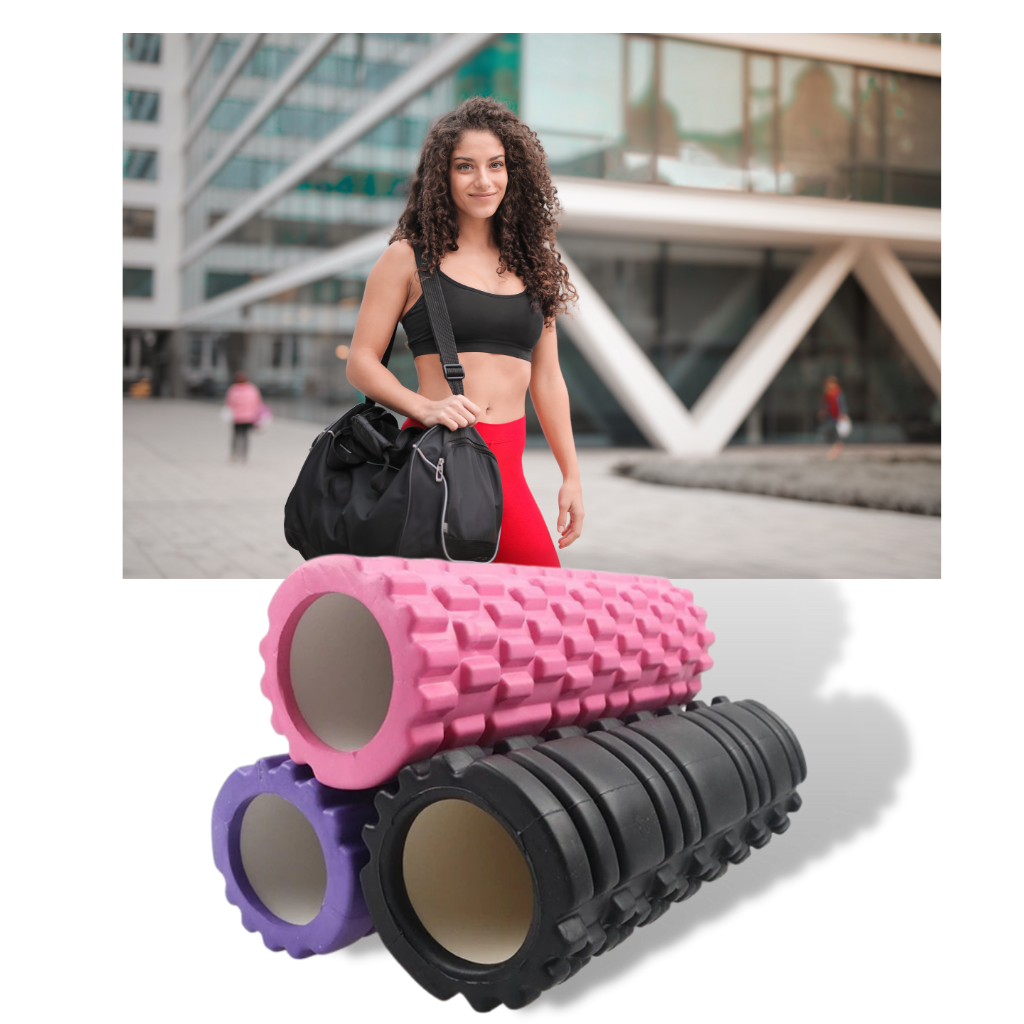 Rolo de espuma leve e portátil para exercícios de massagem, ideal para Pilates e yoga, na cor preta.