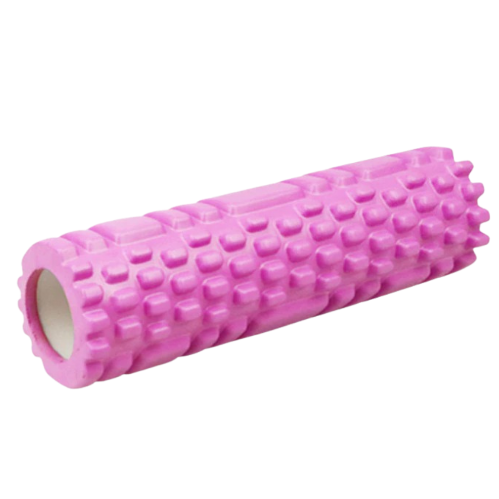 Rolo de espuma preto para exercícios de Pilates e yoga, utilizado para massagem e liberação miofascial.