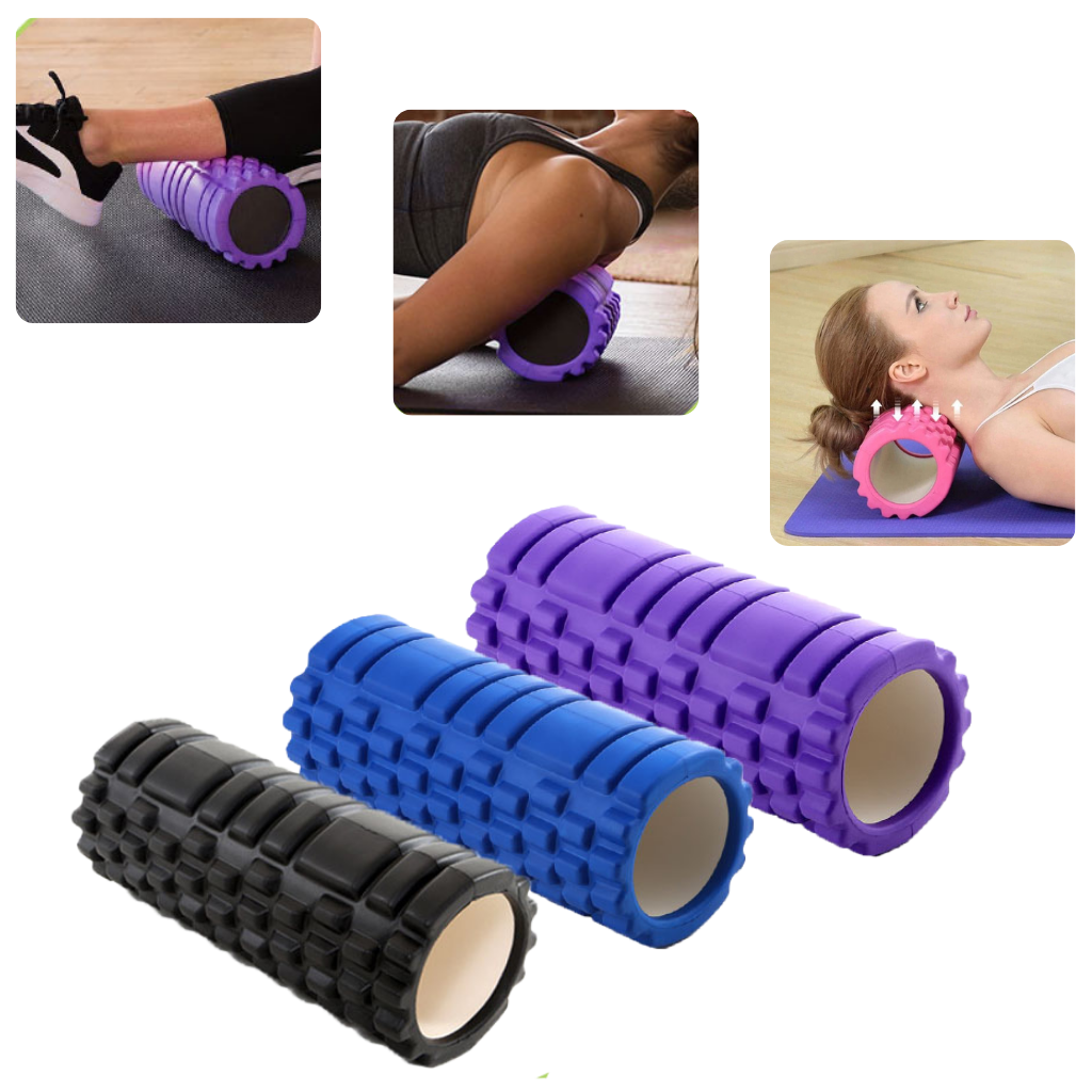 Rolo de espuma Black para exercícios de massagem, ideal para Pilates e yoga, mostrando textura lisa e tamanho compacto