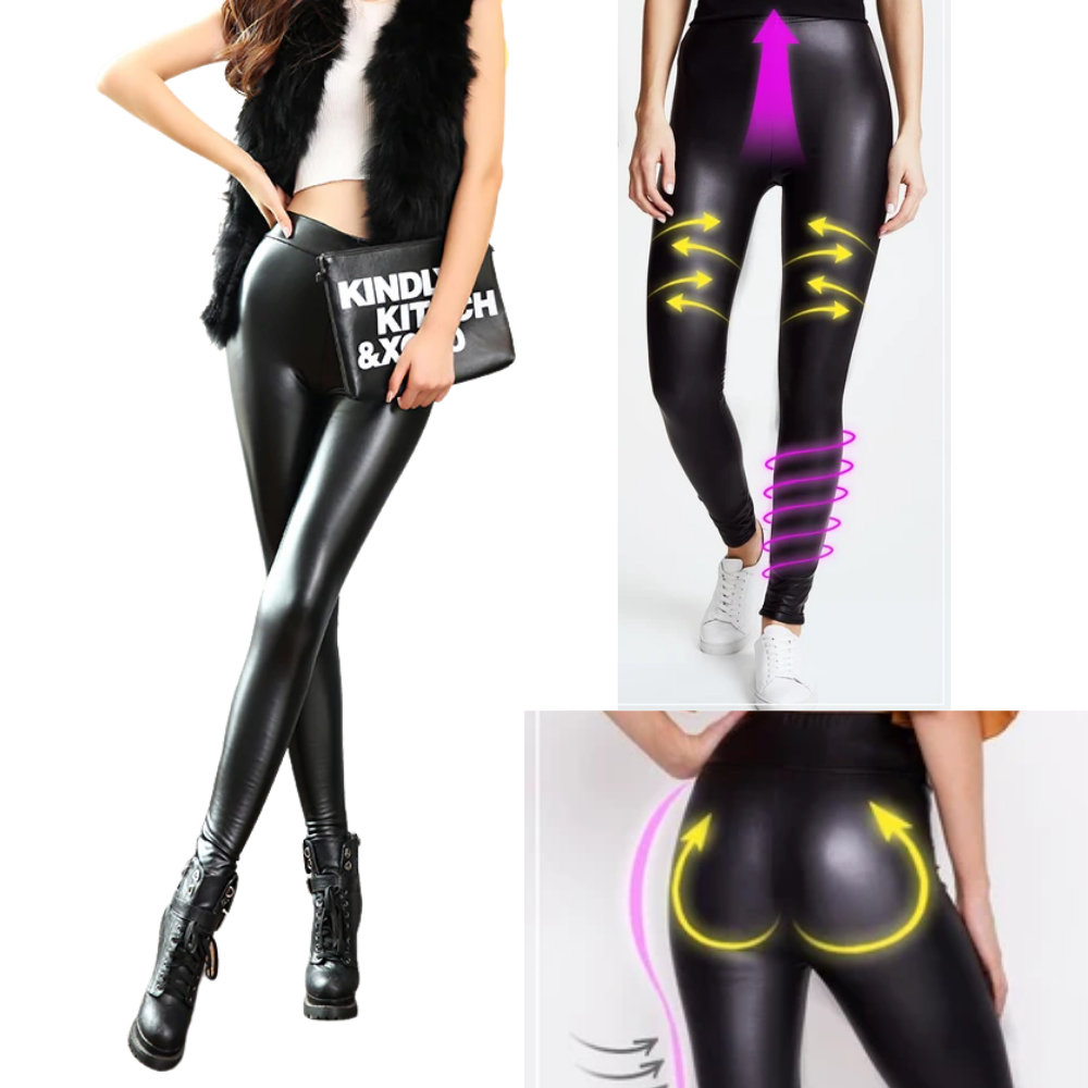 Calça de couro artificial de cintura alta da marca Manifique, estilo ajustado e moderno, em tom preto.