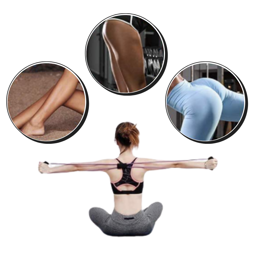Faixa de resistência com alças da marca Tomfoto, ideal para exercícios físicos e fisioterapia, exibida em uma figura em uso.