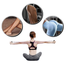 Faixa de resistência com alças da marca Tomfoto, ideal para exercícios físicos e fisioterapia, exibida em uma figura em uso.