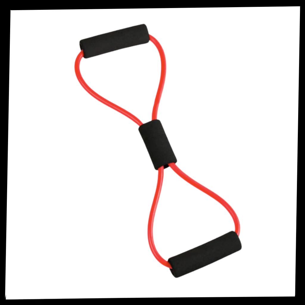 Faixa de resistência Tomfoto com alças, ideal para exercícios físicos, em cor preta e detalhes em vermelho.
