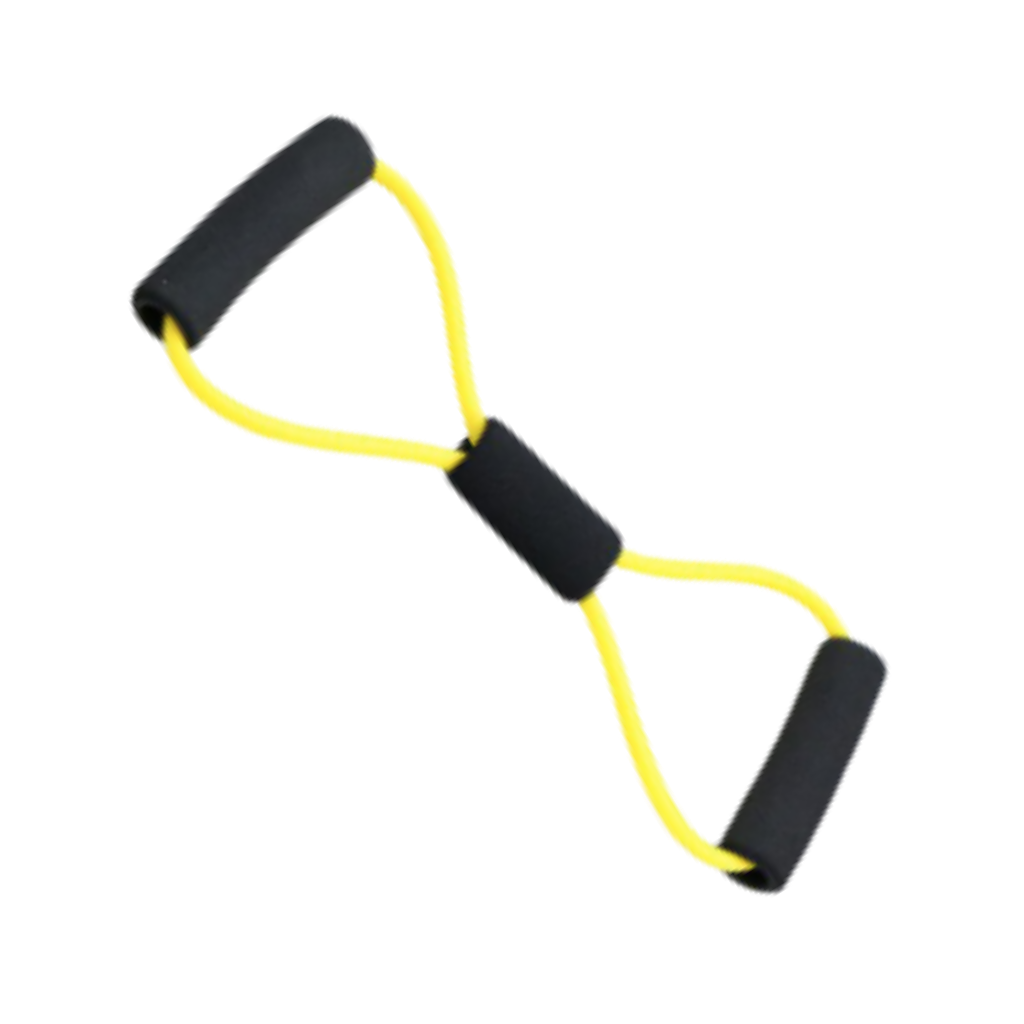 Faixa de resistência amarela com alças da marca Tomfoto, ideal para exercícios de fortalecimento muscular.