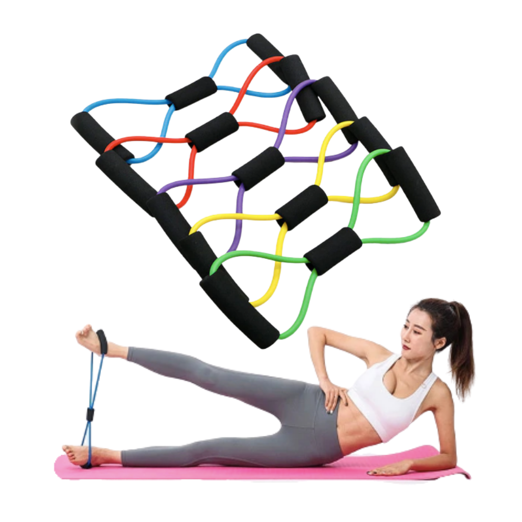 Faixa de resistência Tomfoto com alças, usada para exercícios de alongamento e tonificação muscular, em cor preta e amarela.