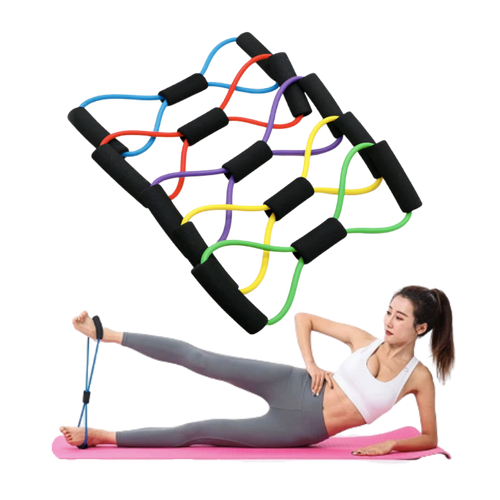 Faixa de resistência Tomfoto com alças, usada para exercícios de alongamento e tonificação muscular, em cor preta e amarela.