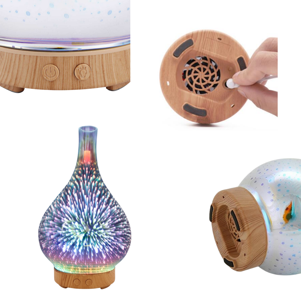 Difusor de óleos essenciais em forma de vaso com padrão de fogos de artifício, ideal para aromatização de ambientes.