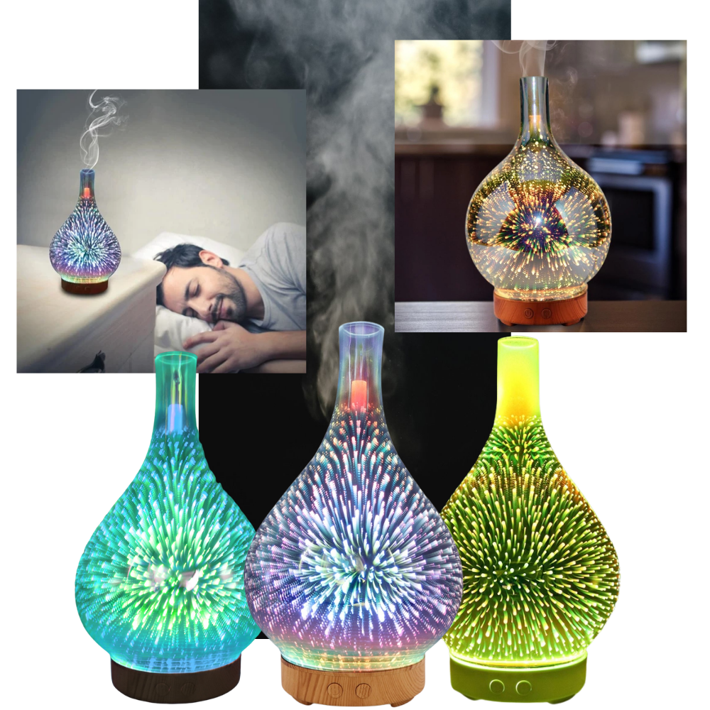 Difusor de óleos essenciais em forma de vaso com padrão de fogos de artifício, para aromatização de ambientes.