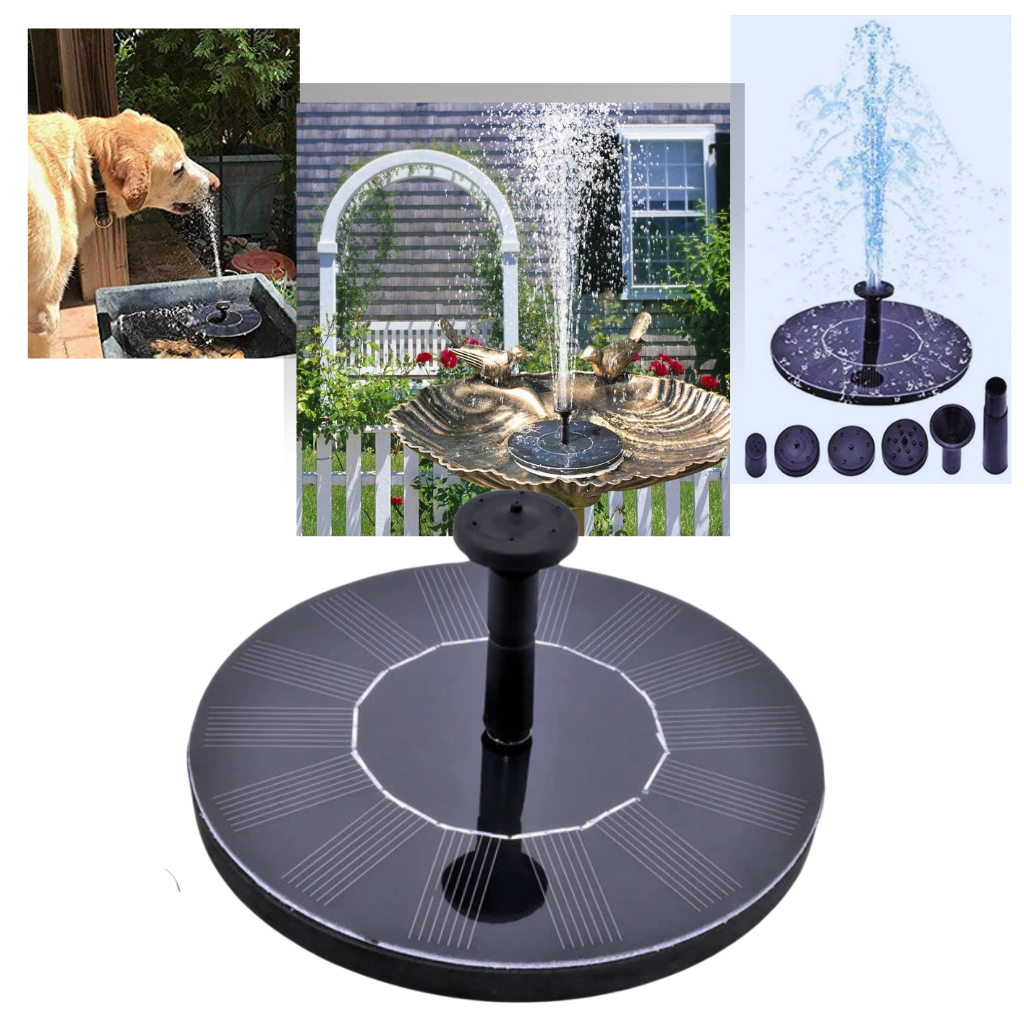 Fonte flutuante a energia solar da Ankway em um lago, com jatos de água e painel solar, ideal para jardins e piscinas.