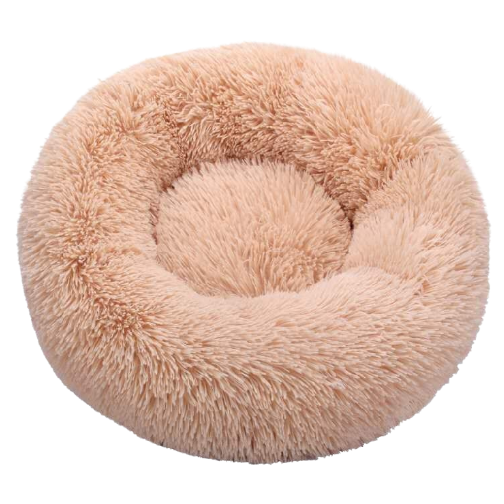 Cama de pelúcia em forma de donut para pets, aconchegante e macia, marca Aobuchunpin, cor pêssego, ideal para conforto animal