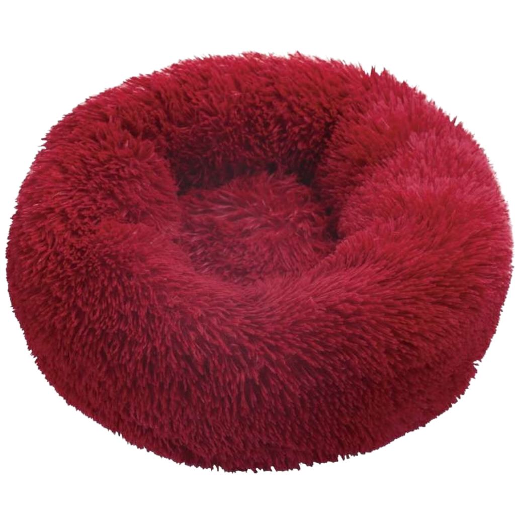 Cama de pelúcia em forma de donut para animais de estimação, marca Aobuchunpin, com enchimento macio e cor vermelha.