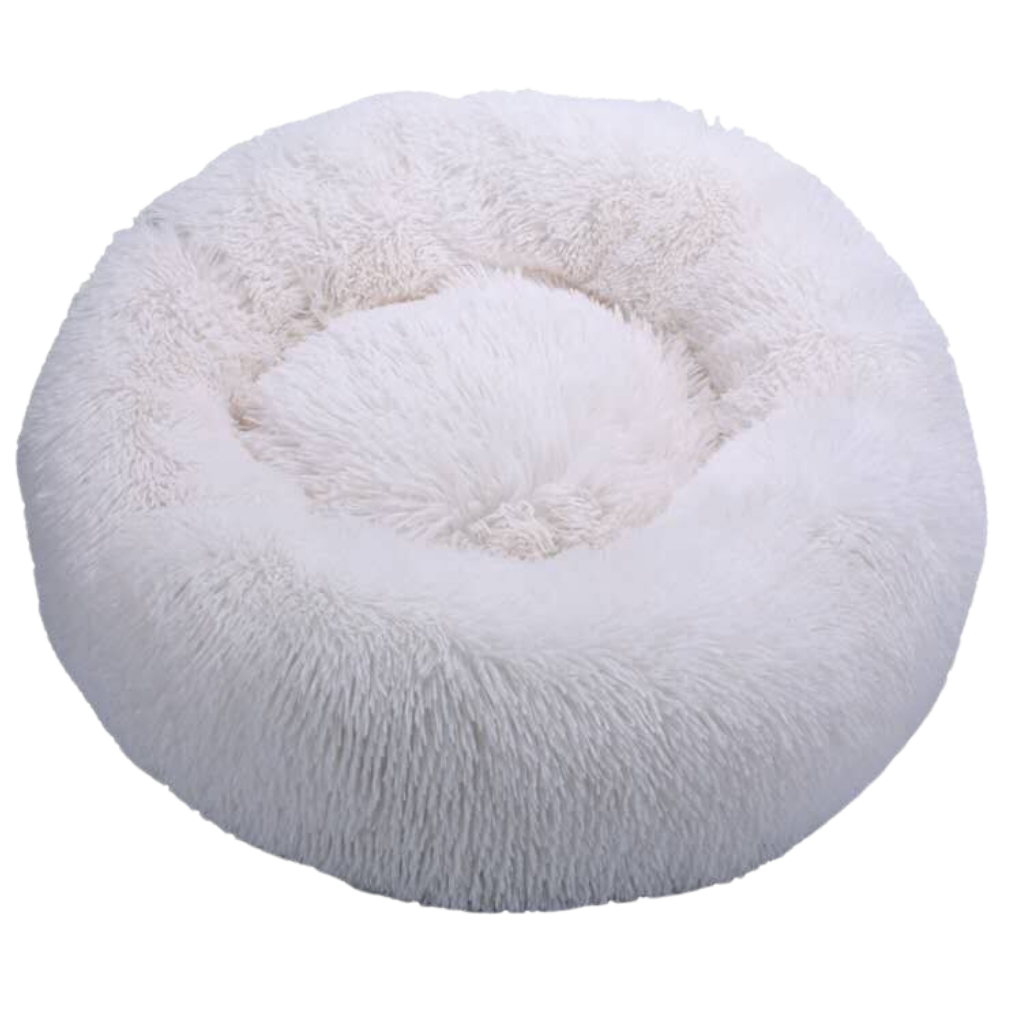 Cama de pelúcia em formato de donut branco para animais de estimação da marca Aobuchunpin, aconchegante e macia.