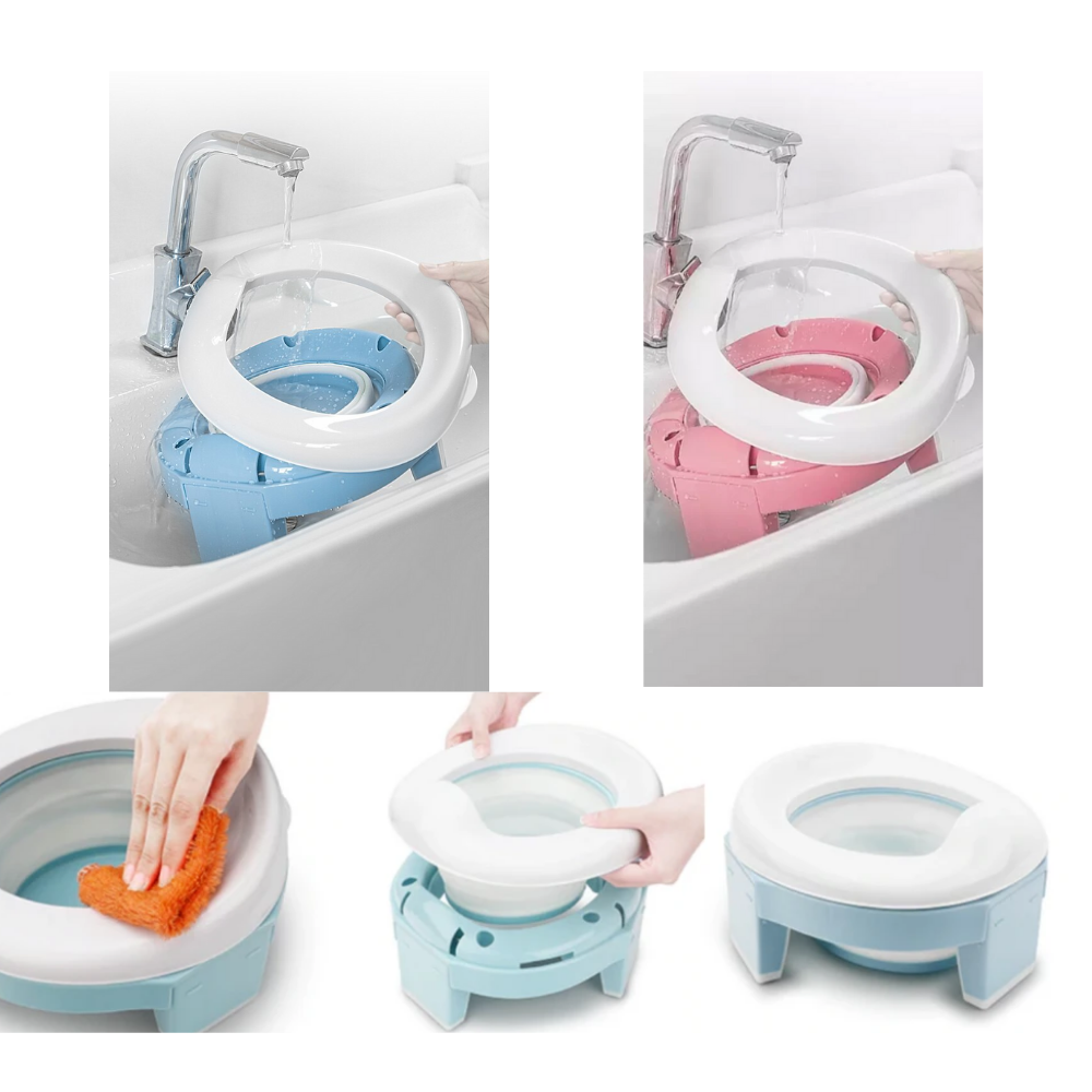Assento de potty dobrável 3 em 1 para crianças, marca Baby Trend, em material lavável e fácil de transportar.