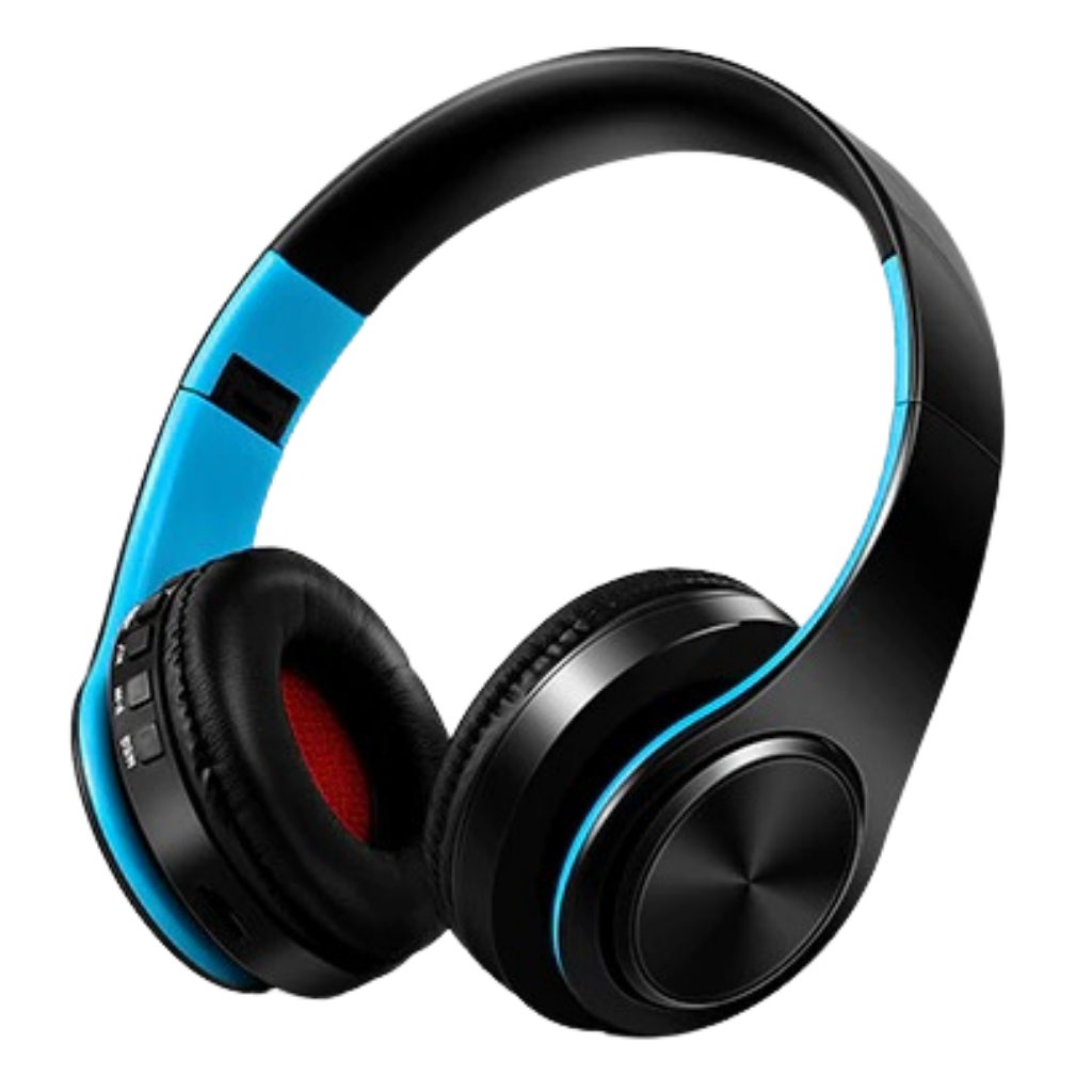 Fone de ouvido Bluetooth dobrável Desxz em preto e azul, componentes de áudio portátil com design compacto e confortável