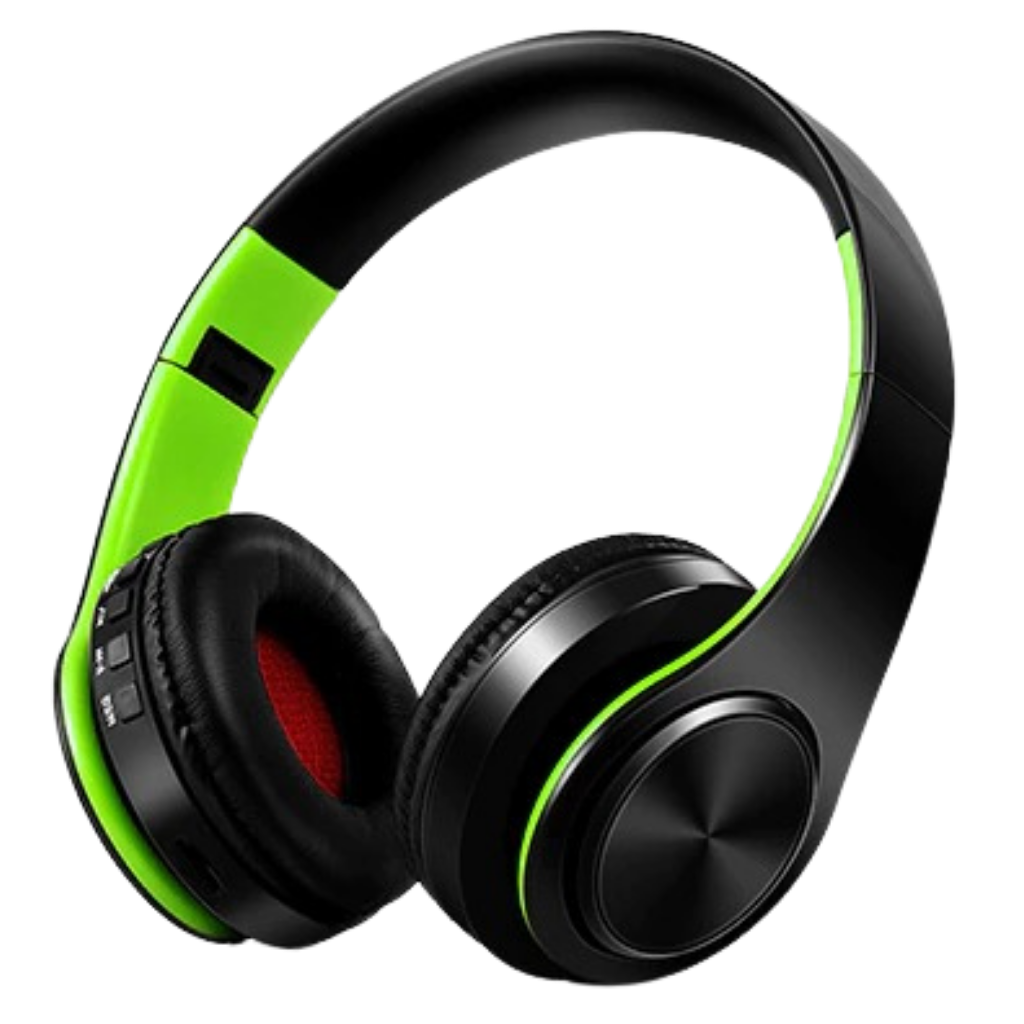 Fone de ouvido Bluetooth dobrável Desxz preto com detalhes verdes, componente de áudio compacto e confortável.