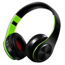 Fone de ouvido Bluetooth dobrável Desxz preto com detalhes verdes, componente de áudio compacto e confortável.