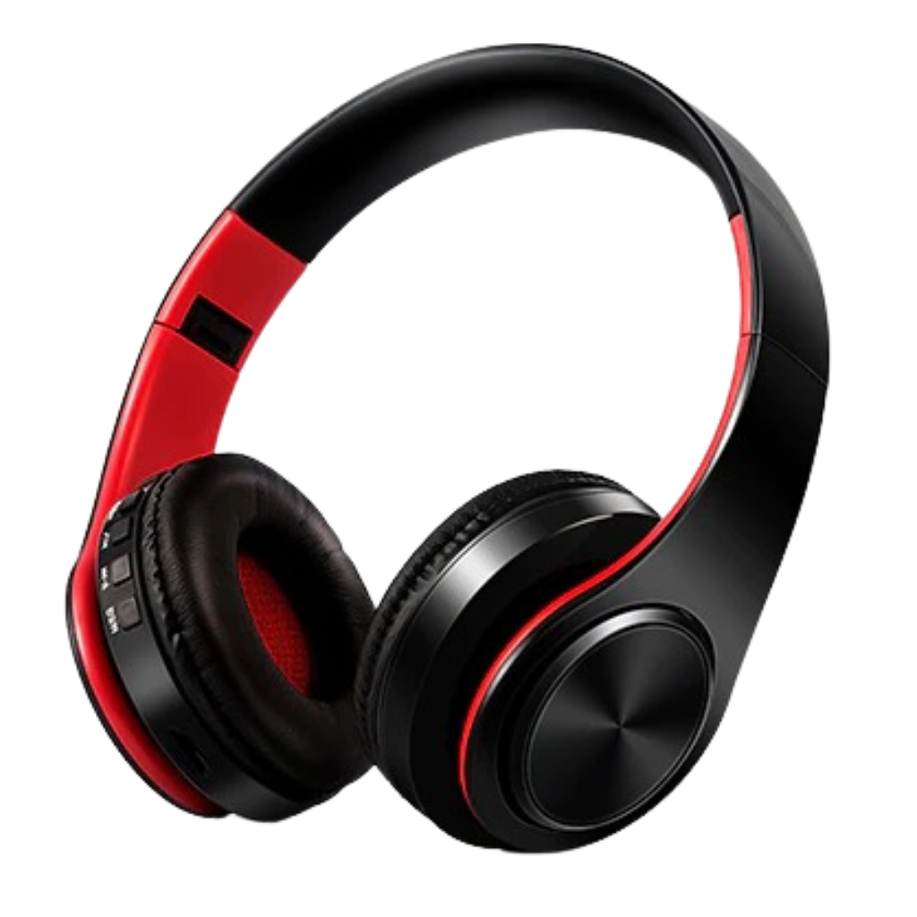 Fone de ouvido Bluetooth dobrável Desxz preto e vermelho, componentes de áudio com design compacto e confortável.