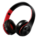 Fone de ouvido Bluetooth dobrável Desxz preto e vermelho, componentes de áudio com design compacto e confortável.