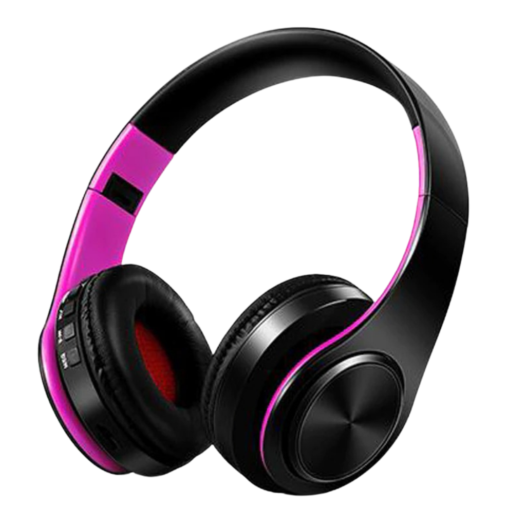 Fone de ouvido Bluetooth dobrável Desxz na cor rosa, componentes de áudio com design compacto e confortável.