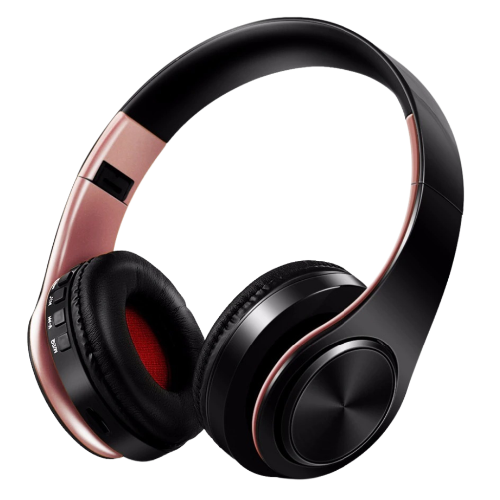 Fone de ouvido Bluetooth dobrável Desxz na cor Rose Gold, componentes de áudio com design compacto e confortável