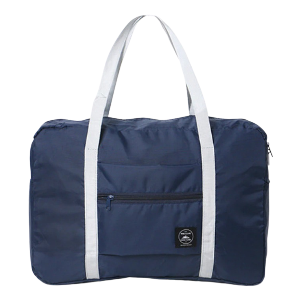Saco de viagem dobrável Dupashio em azul escuro, saco polochon leve e resistente com alças para transporte fácil.