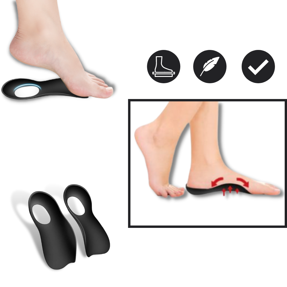 Solas ortopédicas Btguy para pés chatos, suporte para o arco do pé, em material confortável e ajustável para cuidado dos pés.