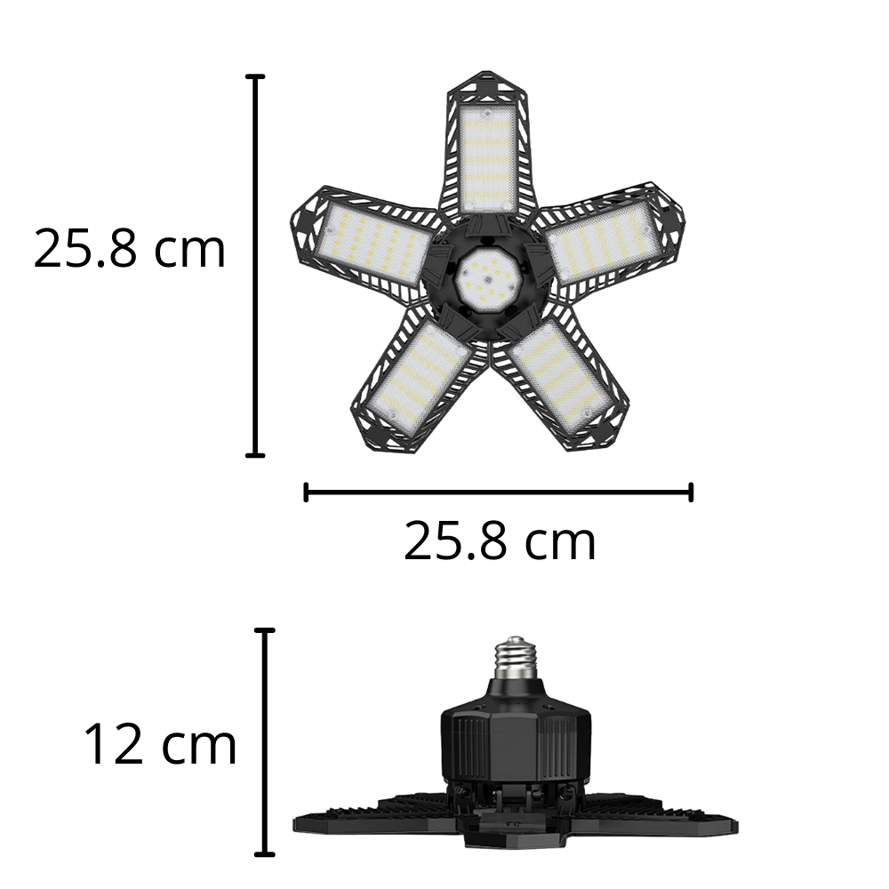 Luminária de garagem Jocestyle com 5 painéis dobráveis, iluminação eficiente e design prático para espaços de estacionamento.