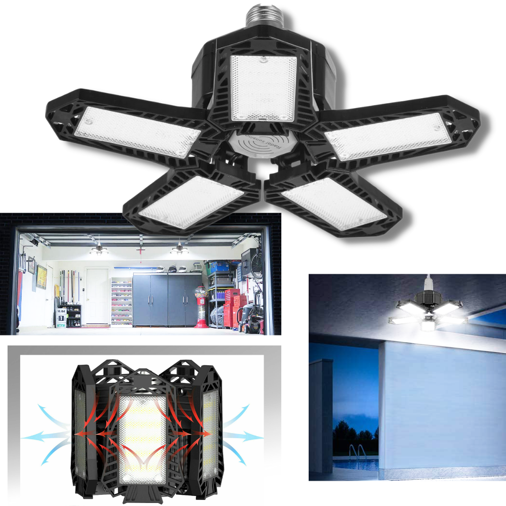 Luminária de garagem Jocestyle com 5 painéis dobráveis, iluminação eficiente para ambientes de garagem.