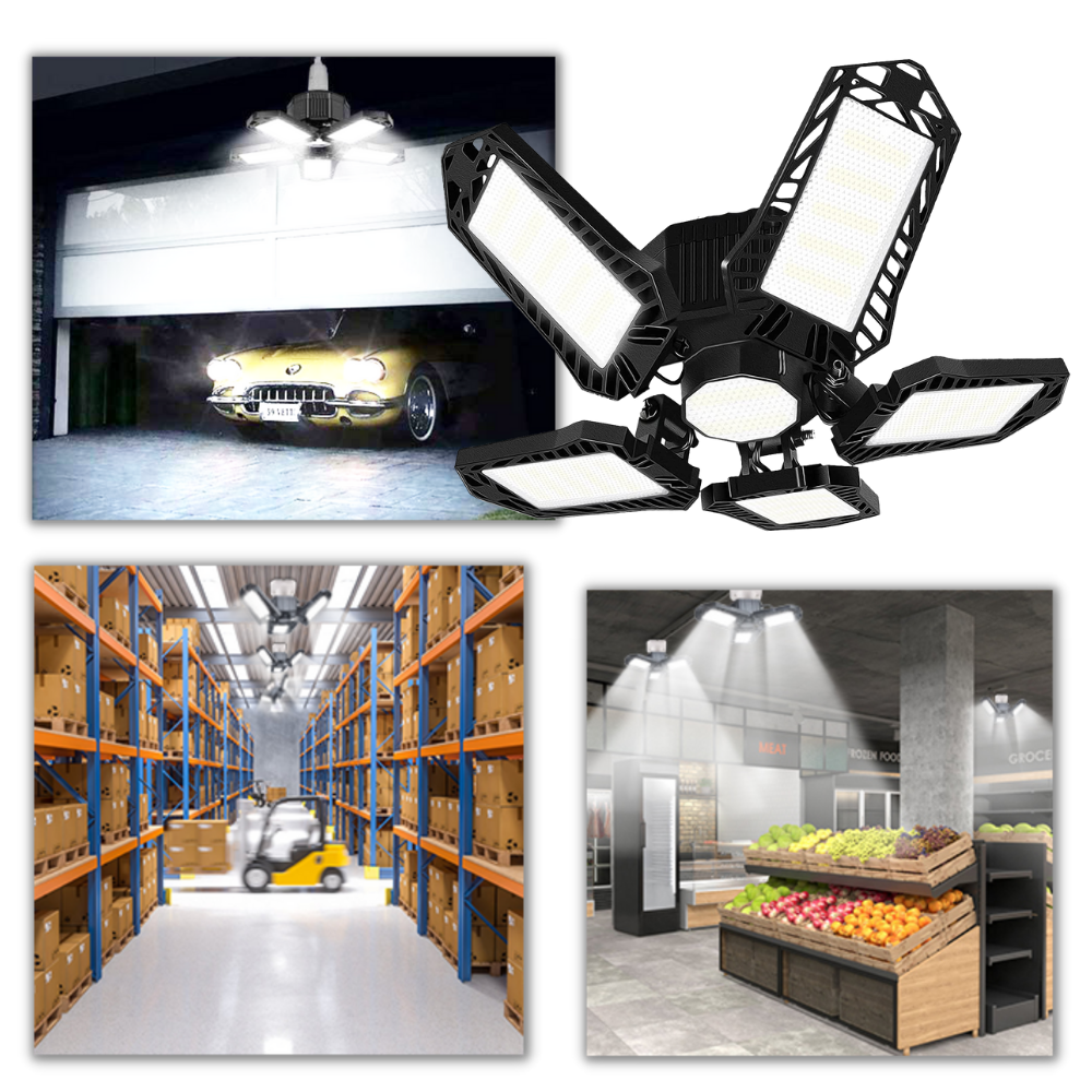 Luminária de garagem Jocestyle com 5 painéis dobráveis, luz forte e eficiente para iluminação de ambientes.