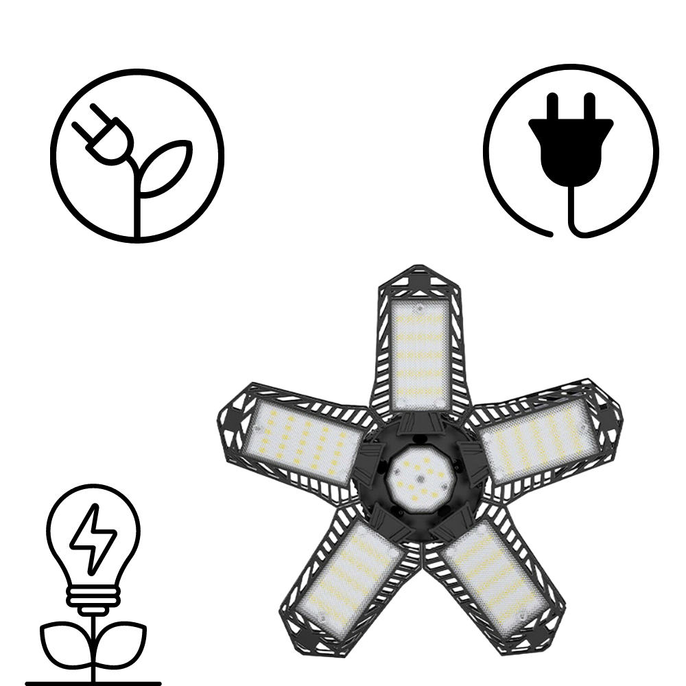 Luminária de garagem Jocestyle com 5 painéis dobráveis, iluminação eficiente para espaço de estacionamento.
