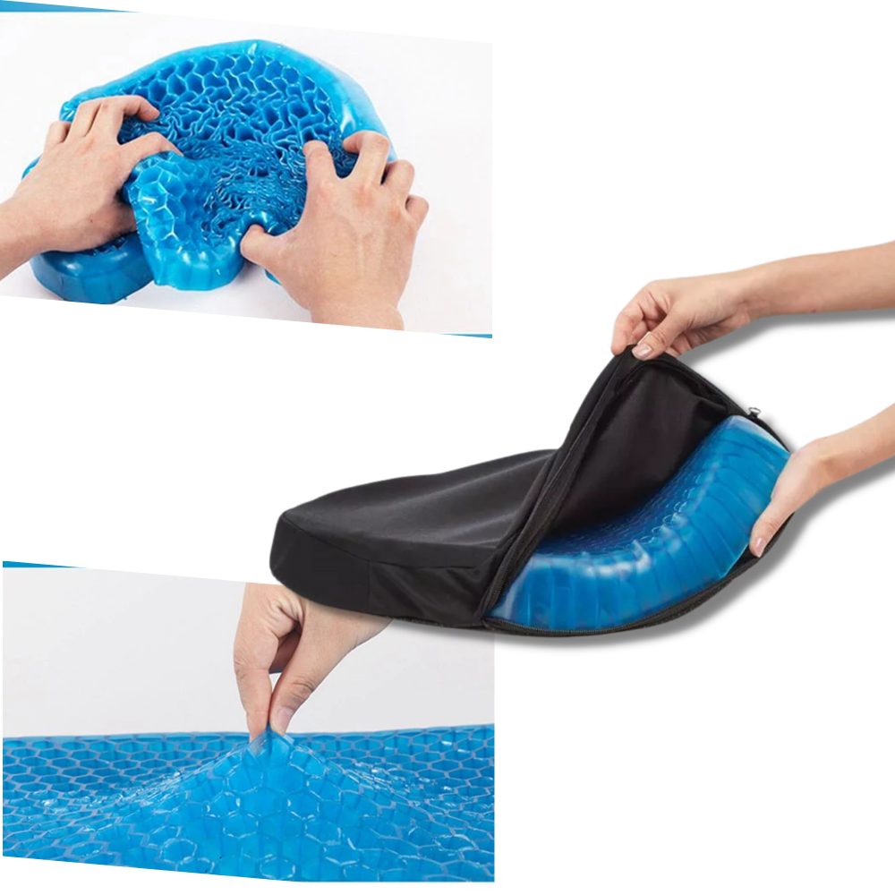 Almofada de assento de gel Boulevard F Inc para aliviar pressão, ideal para cadeiras e sofás, com design anatômico e confortável.