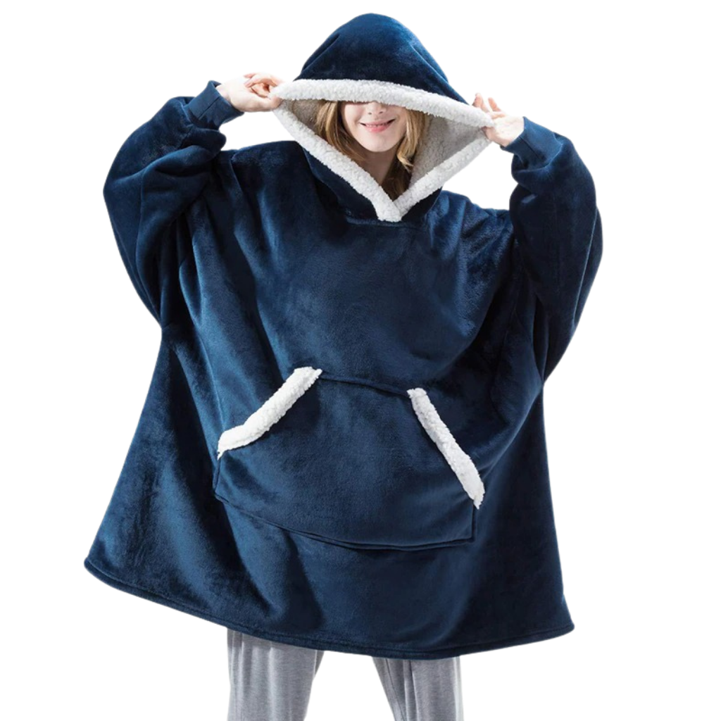 Casaco de manta gigante com capuz azul da Jiamy, roupas de dormir e relaxamento, tecido confortável e macio.