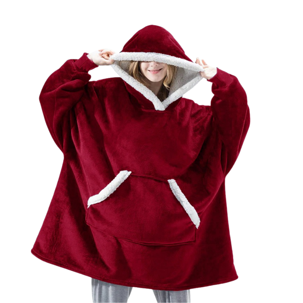 Casaco de manta gigante com capuz Jiamy em vermelho escuro, ideal para relaxar e dormir, tecido macio e confortável.
