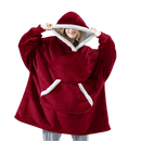 Casaco de manta gigante com capuz Jiamy em vermelho escuro, ideal para relaxar e dormir, tecido macio e confortável.