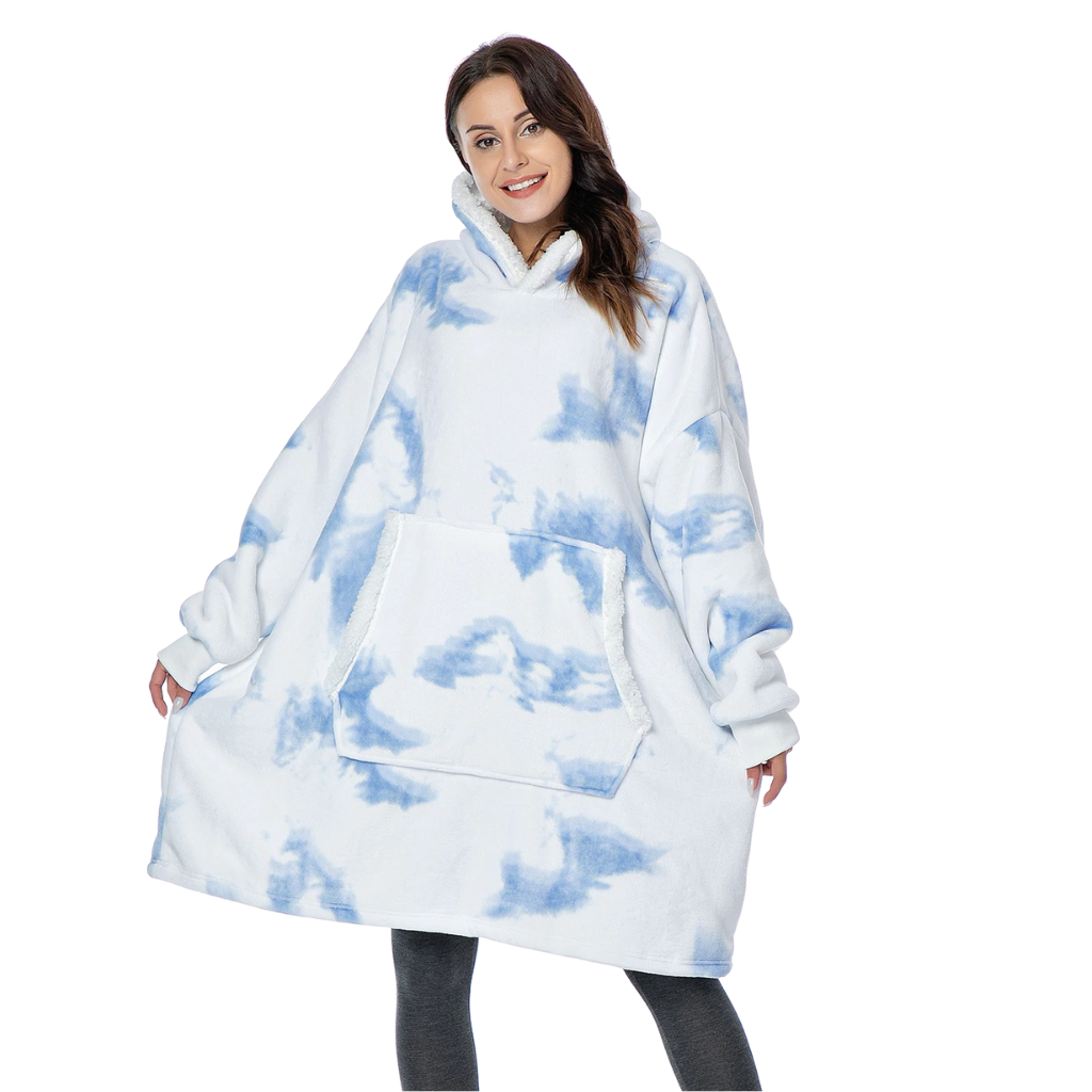 Blusa de manta gigante com capuz da Jiamy, roupa de dormir azul desbotado, ideal para relaxar e se aquecer.
