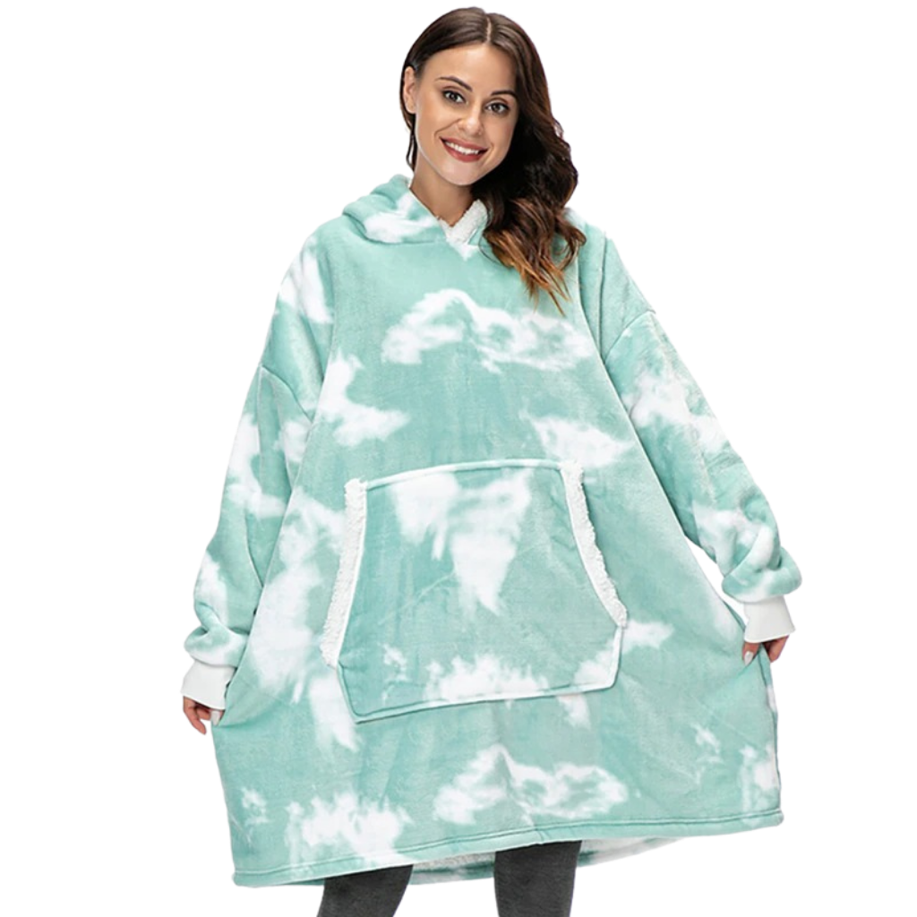 Casaco de manta gigante com capuz Jiamy em verde desbotado, roupa de dormir e relaxar confortável e aconchegante.