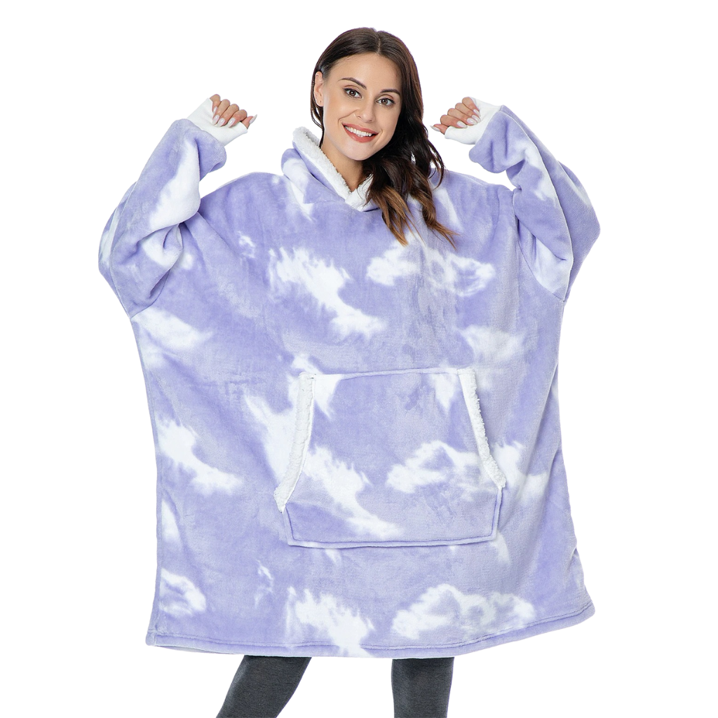 Blusa de dormir gigante com capuz da Jiamy em tom roxo desbotado, feita de tecido macio para relaxar e dormir confortável.