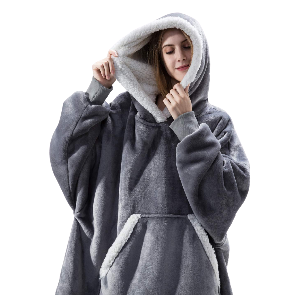 Blusão gigante com capuz cinza da Jiamy, roupa de dormir e relaxamento, tecido macio e confortável para uso casual.