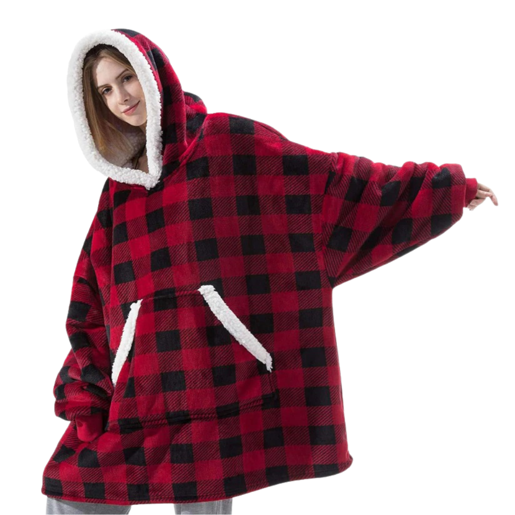 Manta de dormir gigante com capuz da Jiamy, confortável e macia, ideal para relaxar em casa.