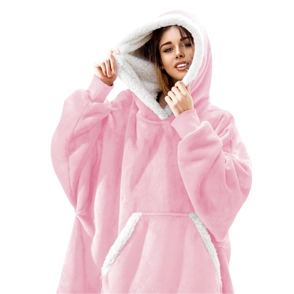 Blusa de dormir gigante com capuz da marca Jiamy, em cor rosa, ideal para relaxar e conforto.