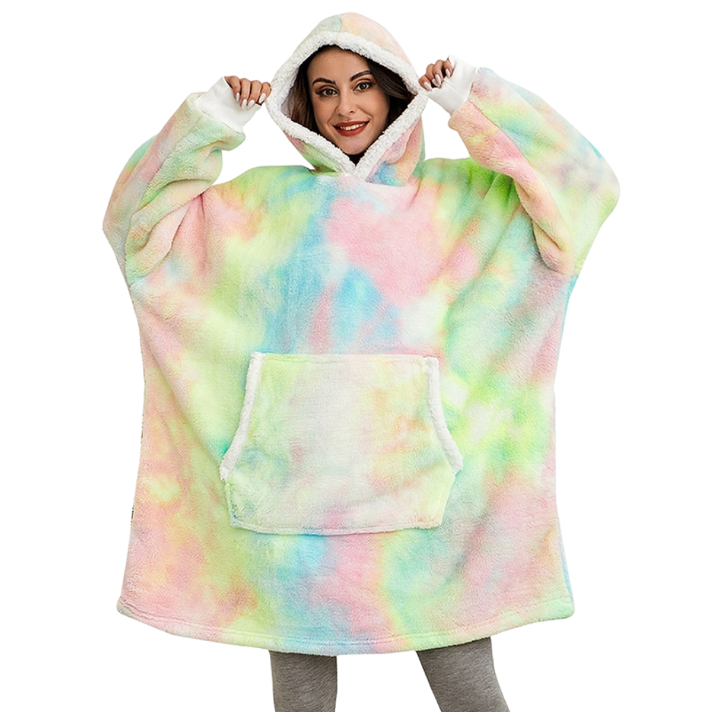 Blusa de cobertor gigante com capuz da marca Jiamy, em cores arco-íris, ideal para roupas de dormir e relaxamento.