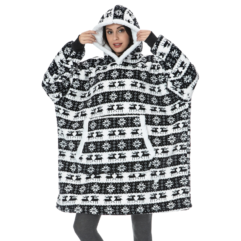 Casaco de manta gigante com capuz da Jiamy, veste confortável para relaxar, em cor preta natalina, ideal para uso em casa.