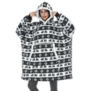 Casaco de manta gigante com capuz da Jiamy, veste confortável para relaxar, em cor preta natalina, ideal para uso em casa.