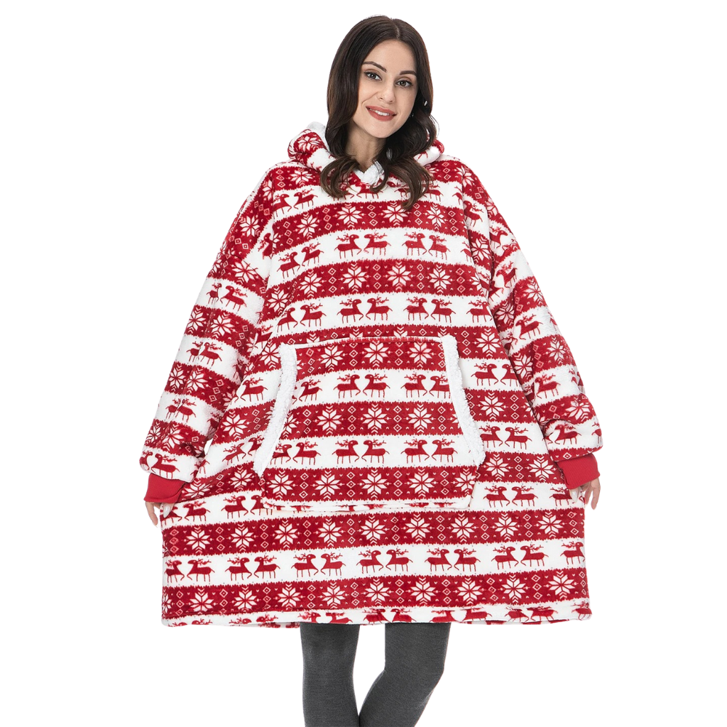 Suéter gigante com capuz da Jiamy, roupa de descanso e lazer, em tom vermelho natal, tecido macio e confortável para dormir ou relaxar.