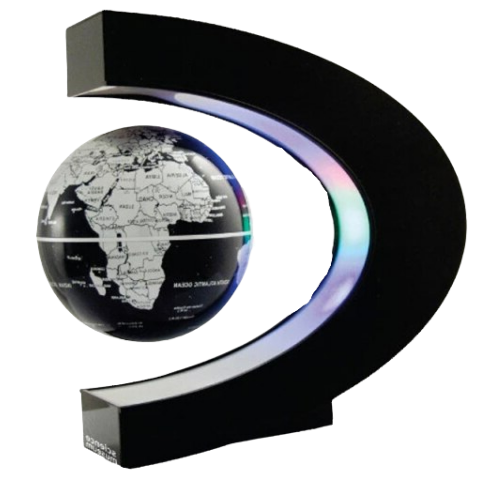 Globo terrestre magnético com LED em levitação, modelo Floorora com mapa mundial em fundo preto, decoração moderna e educativa.