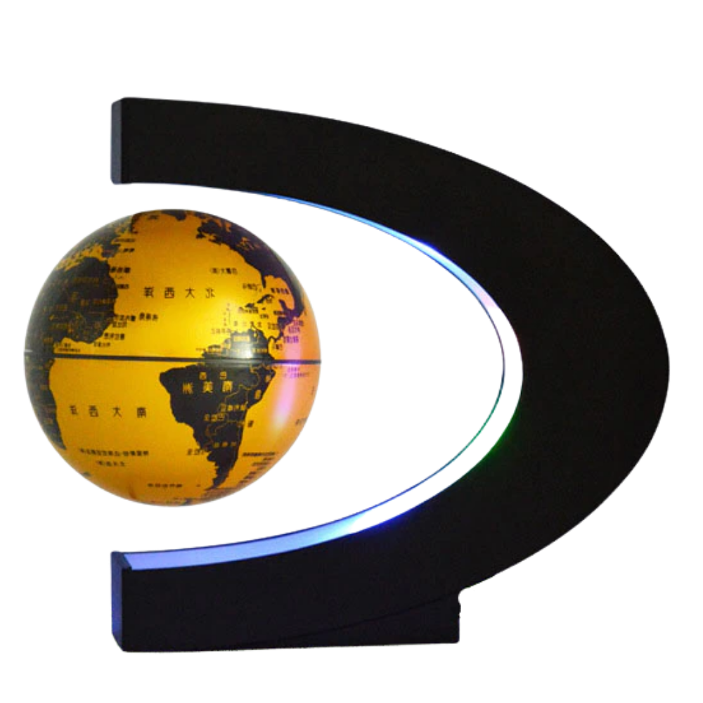 Globo terrestre magnético com iluminação LED em levitação, marca Floorora, com mapa mundial dourado e design moderno.